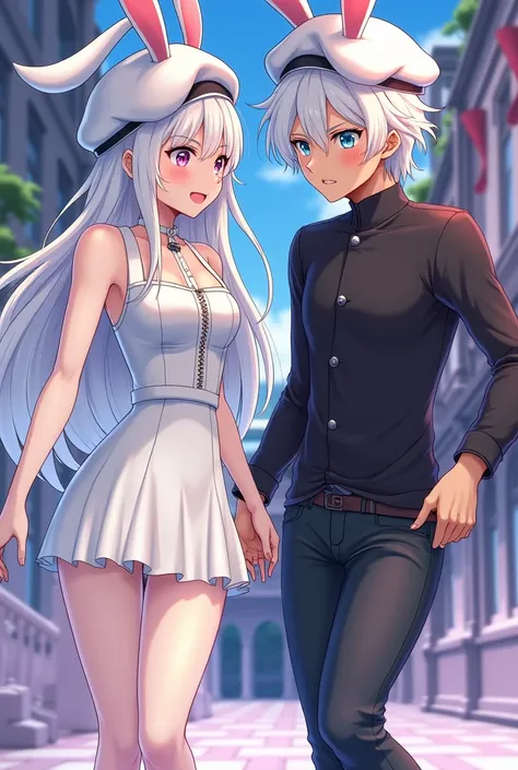 female brown skin, long white hair, white hat and white bunny ears, white clothes and male skin, brown skin, short white hair, black clothes, white hat and white bunny ears anime version