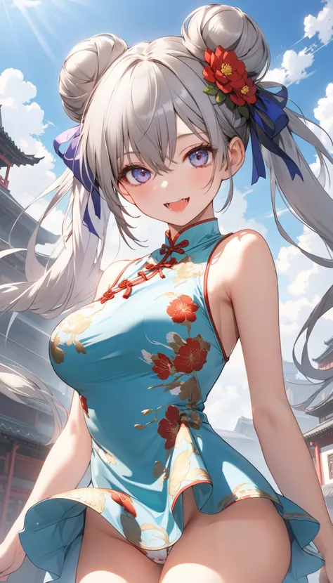 (nsfw:1.5), 1girl, solo, sexy girl, 18 years old, long hair, looking at viewer, happy, hair ornament, hair between eyes, bare shoulders, twintails, Floating hair, large breasts, (cowboy shot:1.5), grey hair, hair ribbon, :d, detached sleeves, hair flower, ...