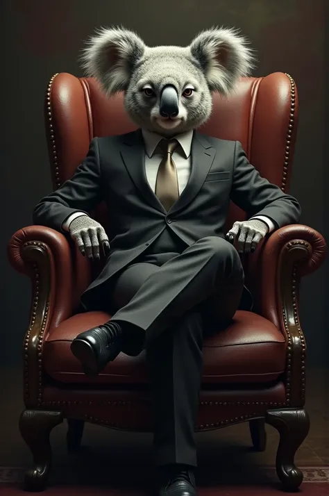 Realistic humanoid koala like a mafia godfather with a suit and sitting in a char with crossed legs