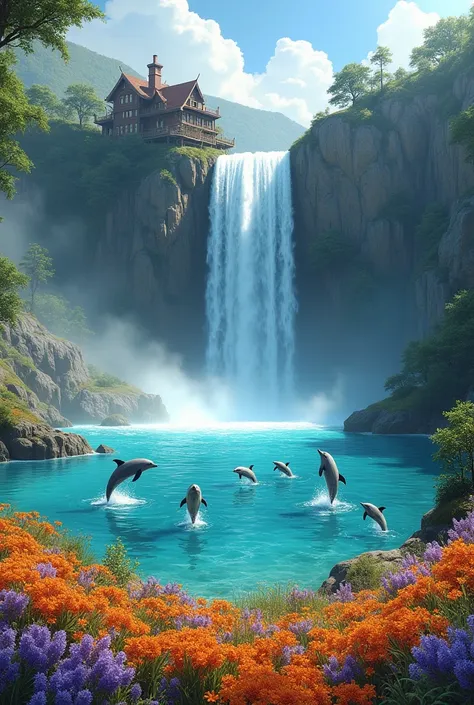 field of orange and purple flowers with a turquoise lake in the center and with many jumping dolphins and in the background a waterfall with a high fall and at the top a very beautiful cabin with rooms that go down to the lake 