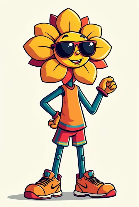  The model wears sunglasses and creates an advertising mascot, Make it friendly , based on a flower  ,  that has sportswear with Peruvian colors, Make it a line drawing