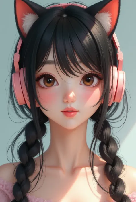 Make an Asian girl with long hair tied in two braids,  with headphones with cat ears , But make it real