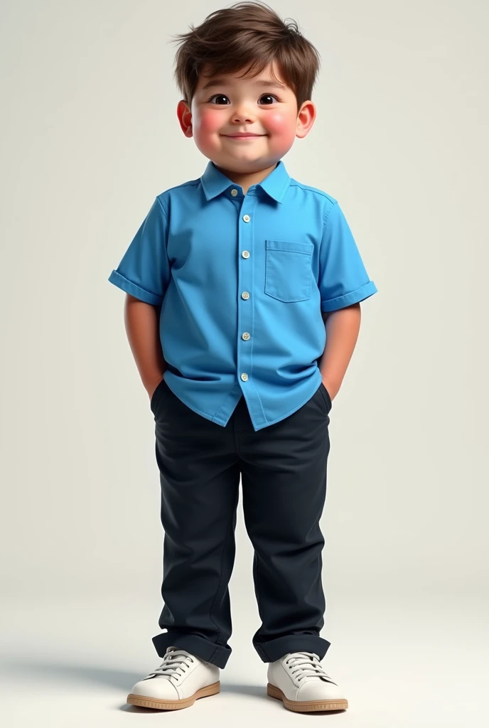 Black trousers and blue full alive shirt and whit shoes short and medium fat boy with short hair realistic 
