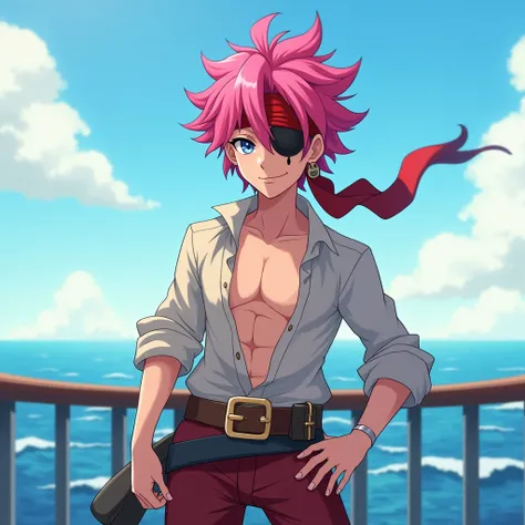 Young pirate man . pink hair, Use a cloth that covers the eyes. anime version.  light smile .