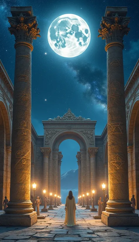 An ancient, mythical city bathed in the light of a full moon, with the 12 zodiac symbols etched into towering stone columns and majestic arches. The gods and goddesses of the zodiac stand at the gates, dressed in celestial robes, watching over the city and...