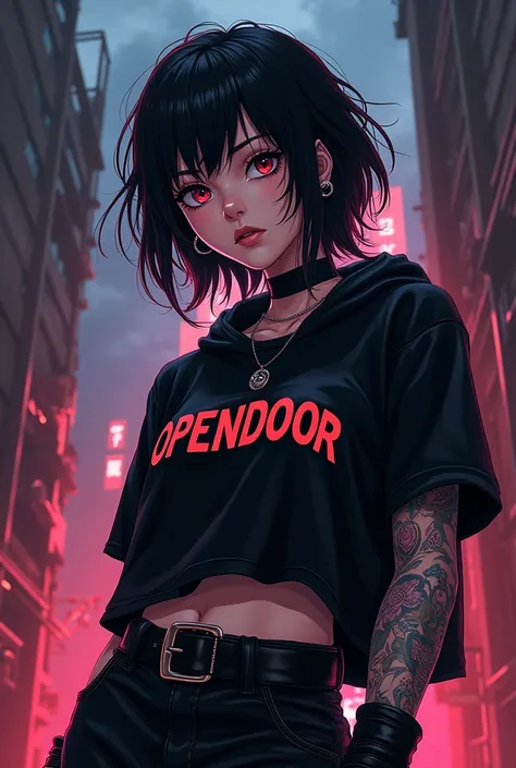 Anime style Nu Metal girl with wide, dark clothes from the 90s and 2000s and a black t-shirt that says OpenDoor