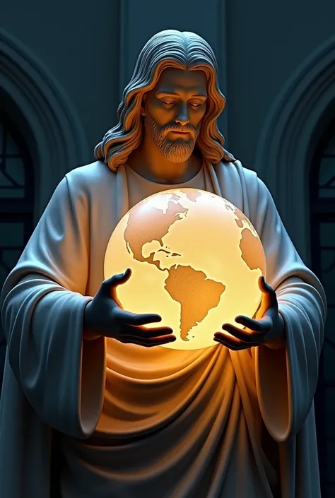 A sculpture where Jesus holds a large illuminated globe representing the world. during the night, The globe can shine ,  symbolizing light and hope for everyone .