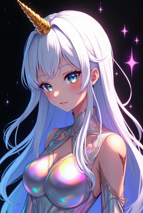 An anime-style illustration of a white-haired female character with sleek, flowing hair that shimmers with a rainbow-like iridescence. A single golden horn gleams with metallic luster atop her head, adding a mystical touch. Her large, crystal-like eyes spa...