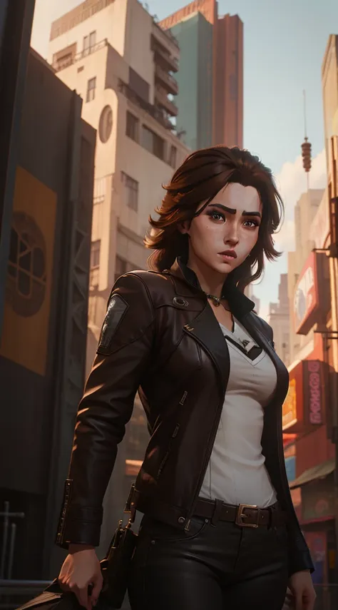  anime style , realistic, hd quality,  cyberpunk,  with long brown hair, brown eyes,  black leather jacket , white blouse with design, in the middle of the city.