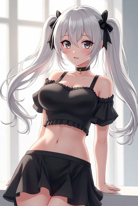  An anime-style character , White hair tied on both sides, big breast , two short Maria s , with small black ribbon on the head , black eyes,  along with visible eyelashes  ,  a black hot crop-top with black skirt