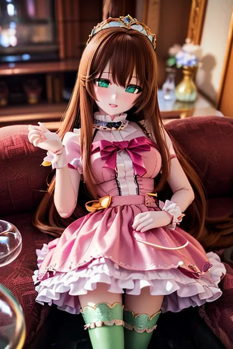 (SFW:2), photorealistic, realistic photo, 8k, Canon EOS, ((highest quality)), ((masterpiece)), (extremely detailed), dd, doll, idol dress, (mature woman, 23yo, 23_years_old, solo, living room:1.6), (from above, lie on back, on floor, tiara, brown hair, lon...