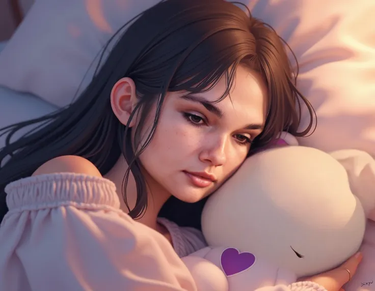 A sleeping adult girl with a white plush bear with a purple heart on its chest, intricate details, beautiful eyes, detailed lips, soft lighting, pastel colors, cinematic composition, photorealistic, 8k, best quality, masterpiece, ultra-detailed, fantasy, w...