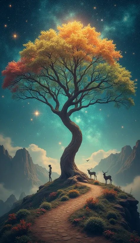 A vast, ancient celestial garden floating among the stars, where the 12 zodiac symbols are embodied as majestic tree spirits, each rooted in the earth and glowing with the colors of their respective elements. The trees stretch high into the cosmos, their b...