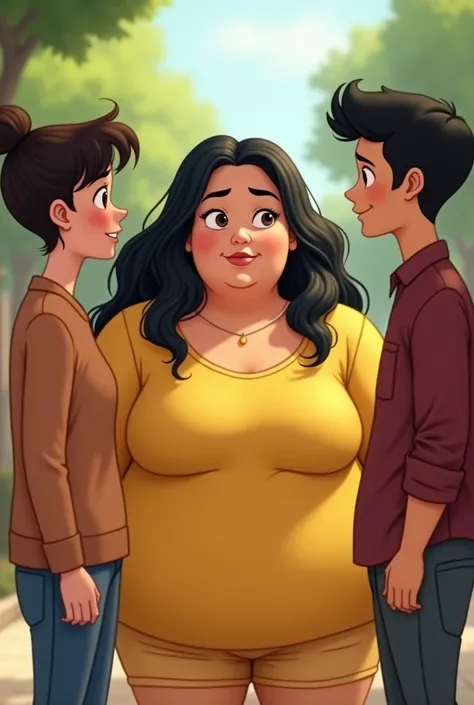  Two people sitting talking to a very fat brown-haired 16-year-old girl, dark , long and wavy black eyes , big ,expressive.  
 oval face with small nose and big mouth loose yellow clothing    . in animated