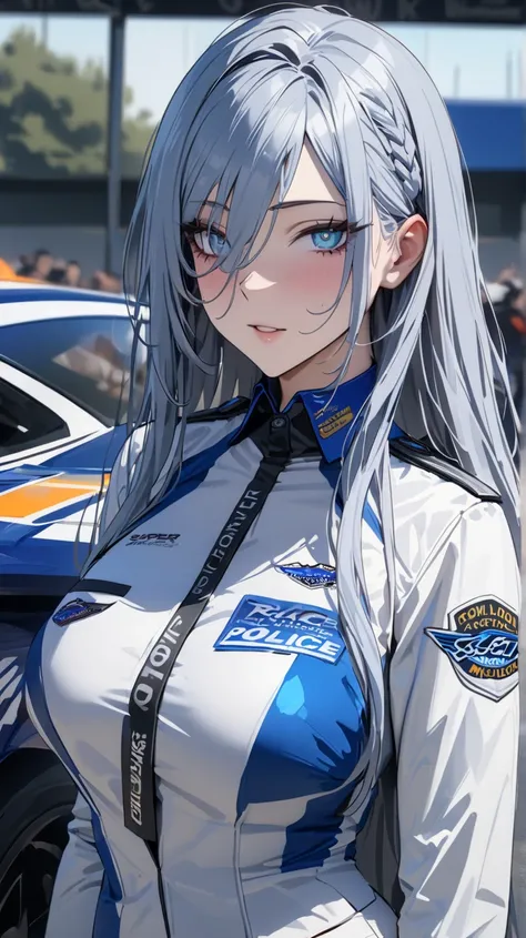 masterpiece , modern, Verism, masterpiece, super detail, best quality, 4K ,((Adult face)), woman,Wearing a white coat,Mature woman アメスク Rubia ojos azules 
Cabello azul, Plano americano, Cabello largo, Senos grandes, Ojos azules,race_queen Sexy Ford mustang...