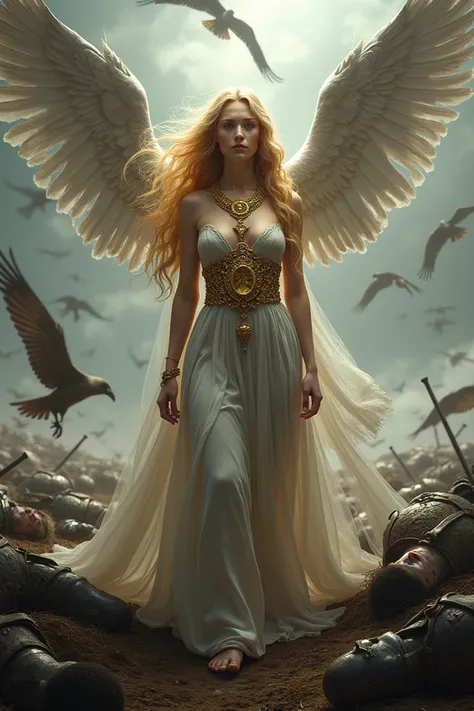  Freyja wearing a golden necklace and winged birds, standing among fallen warriors 