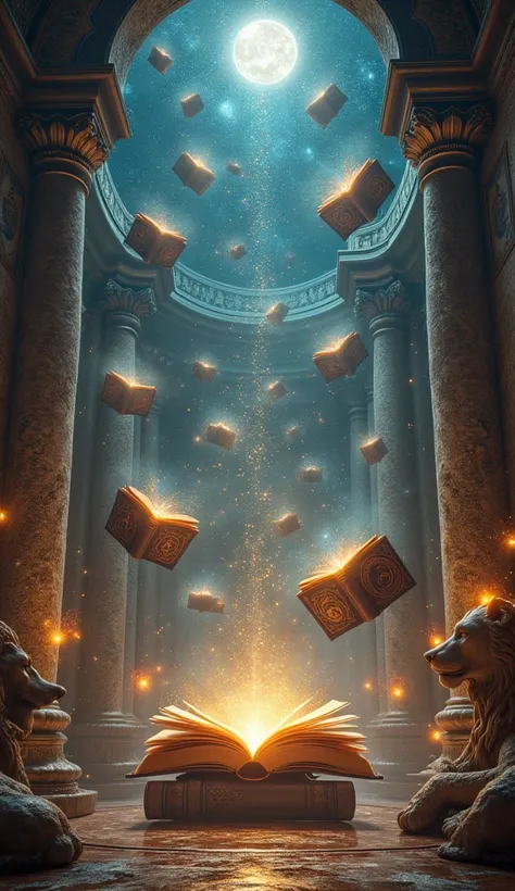 A mystical cosmic library floating in space, where the 12 zodiac signs are represented as ancient, glowing tomes. Each book is adorned with symbols of the zodiac and its element—water, earth, air, or fire—and surrounded by stars and constellations. The boo...