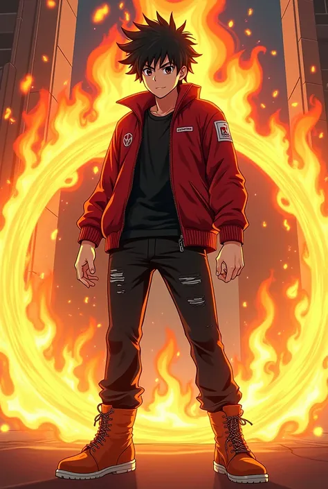 anime, male, 24 years old,  black hair,  short hair, pyrokinesis, firepower, Red jacket, black cadual clothing, boots 