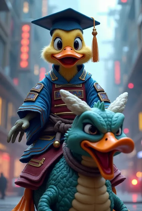 Generate me a futuristic meme-like duck with graduation hat and epic riding a dragon and disguised as a samuray with the face of an idiot mamon with the face of an idiot mamon with the face of an idiot meme with the face of an idiot 