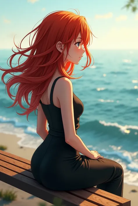 Red hair woman in a black skirt and black top sitting on a wooden bench and looking at the sea wind in her hair she is not facing camera