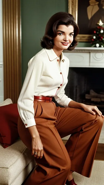 Jackie Kennedy, with blouse, brown Christmas, loose pants, white, red lipstick, smiling