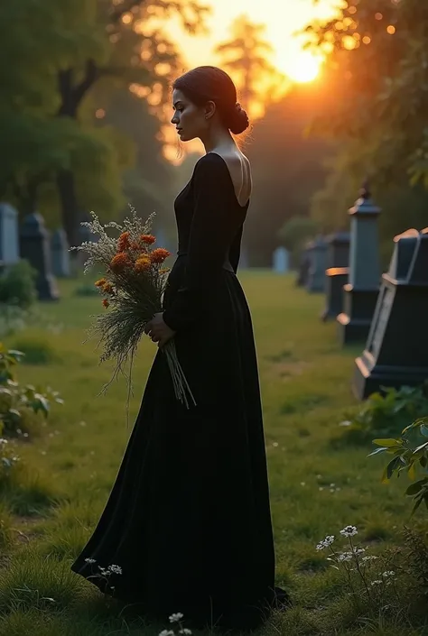 Sexy beautiful woman wearing a long black medium length blouse is in a very shady funeral area, holding a flower frame staring at the tombstone , bright light,  green grass , sunrise, high contrast, HDR fokus, 360° view