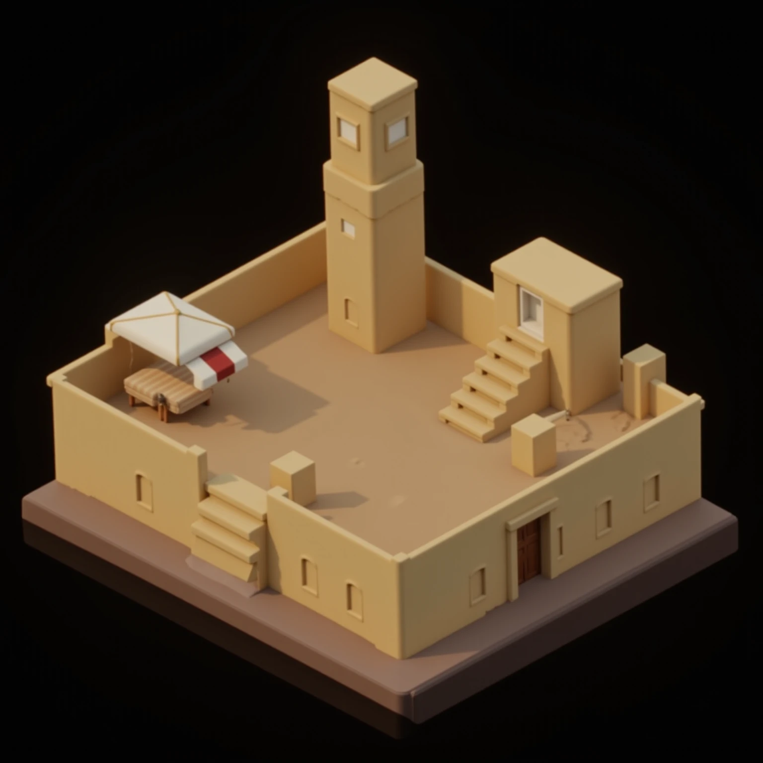 A true top-down, orthographic view of a highly simplified 3D model of three desert-style buildings in an extremely low-poly PlayStation One graphics style. The perspective is strictly flat, as if viewed directly from above, with no visible sides, angles, o...