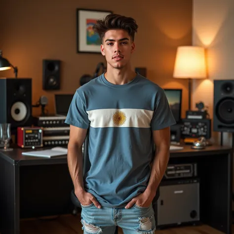  create an image of an attractive young man,  with light blue ripped urban style jeans  ,  and Argentinian t-shirt in a home recording studio at home, simple