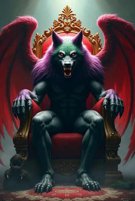 Devilish wolf on a throne with wicker angel 7138 colors red purple and green with strong muscles 