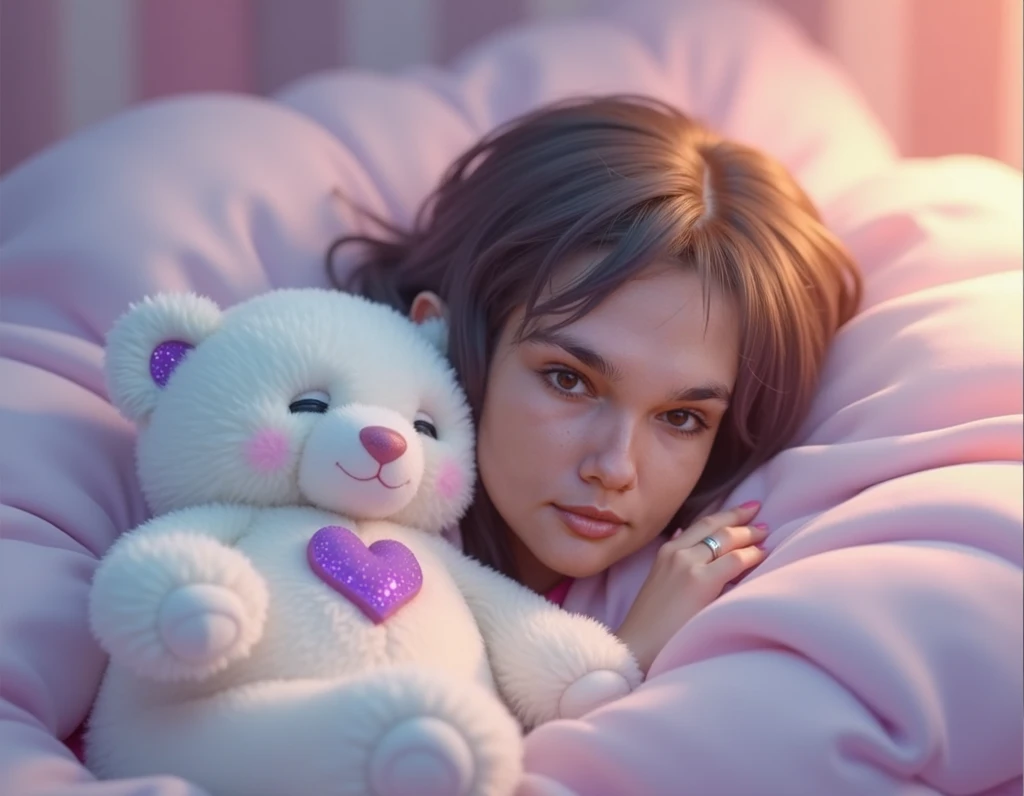 A sleeping adult girl with a white  smily plush bear with a purple heart on its chest, intricate details, beautiful eyes, detailed lips, soft lighting, pastel colors, cinematic composition, photorealistic, 8k, best quality, masterpiece, ultra-detailed, fan...