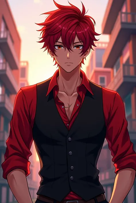 red hair  dark Brown eyes black vest with red shirt anime boy cool background  deskstop
