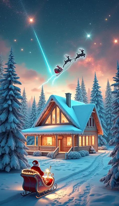 Very flashy、Made by AIS-RCN, 8K Photo, "words, Snow Scene、 A house with a chimney 、 The whole house is illuminated  、超Very flashyなイルミネーションハウス、 The background is a galaxy   、The axis of the universe    、    artistic shot of Santa flying in the sky on a slei...