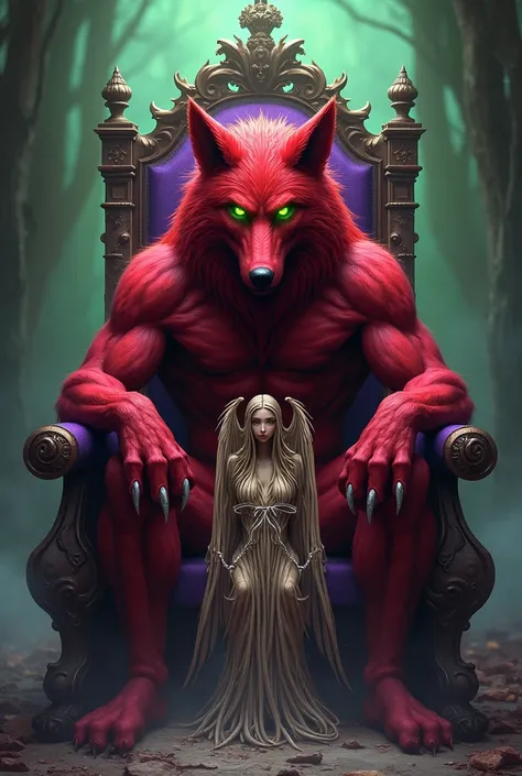 Devilish wolf on a throne with wicker angel 7138 colors red purple and green with strong muscles my name sngel