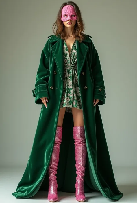  A highly detailed portrait generated by artificial intelligence ,  showing a female model wearing a large coat of green velvet with rich and realistic texture,  highlighting the soft shine and folds of the fabric . She wears tall pink glitter boots ,  wit...