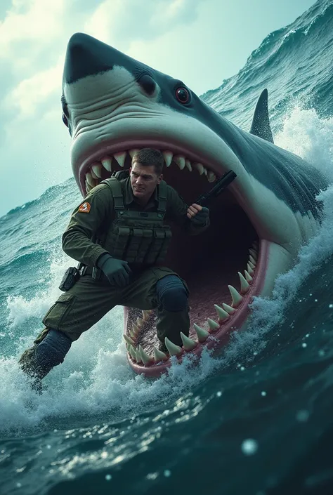 A soldier hitting himself in the sea with a shark 