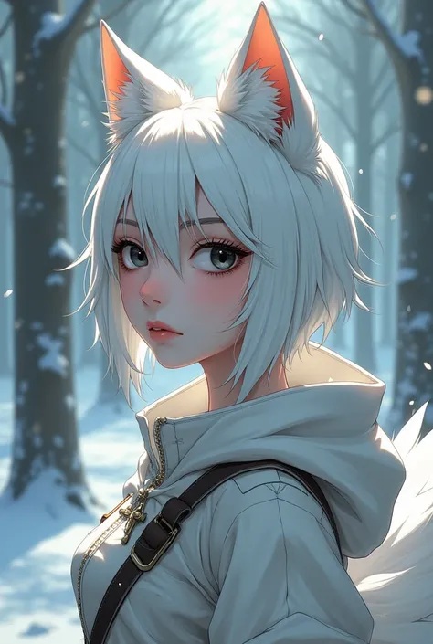  albina  with short white hair, fair skin, black eyes with a white wolfs ear and tail and a torn and dirty white outfit, snowy forest landscape, 2D anime style.