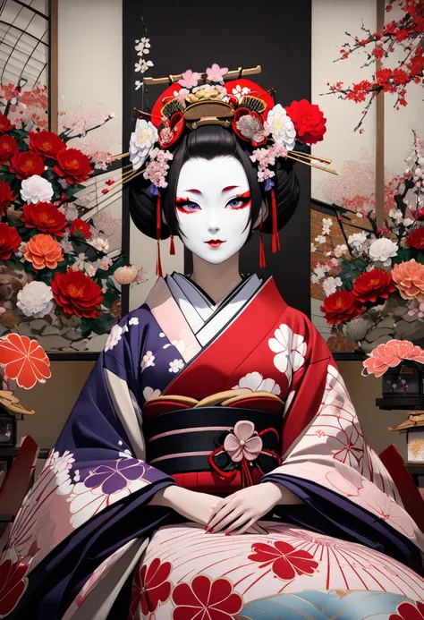 An unfriendly woman in a kimono is sitting in front of a flower display, Graceful and charming geisha ,  traditional geisha clothes  , Japanese Geisha,  Japanese Kimono, Beautiful Geisha, Inspired by Fujiwara Takanobu, Photographic portrait of a geisha,  J...