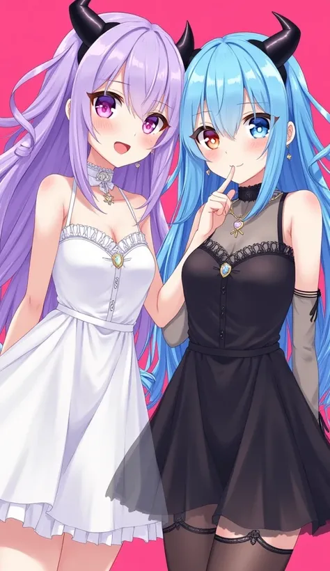 Two anime-style female characters with vibrant pastel-colored long hair, one with soft purple hair and the other with bright sky-blue hair. Both characters have large, bright eyes with heart-shaped reflections in their pupils, exuding a playful and charmin...