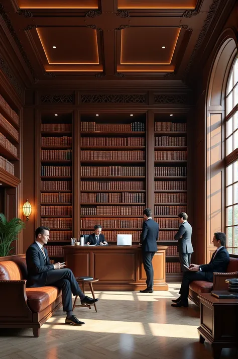 Stylish law office with background library
