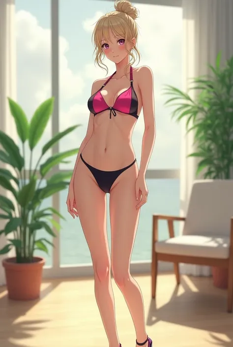 Super slender + fair-skinned + Japanese beauty, mid-teens, wearing a transparent pink and black halter bikini with an open stand in the middle of the bikini. Blonde hair tied up, standing pose, high heels, minimalist room with modern furniture, potted plan...