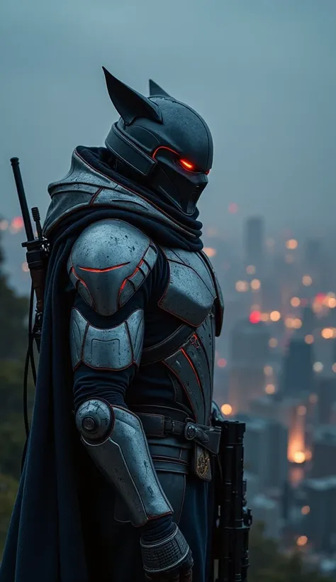 ８k　 high image quality　Overlooking an abandoned city at night 　 warrior wearing contemporary silver body armor with red line edging　Warriors with light goggles on their eyes 　 mask and helmet depicting a wolfs head 　I have a sniper weapon　solo