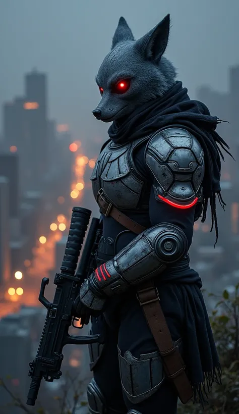 ８k　 high image quality　Overlooking an abandoned city at night 　 warrior wearing contemporary silver body armor with red line edging　Warriors with light goggles on their eyes 　 mask and helmet depicting a wolfs head 　I have a sniper weapon　solo