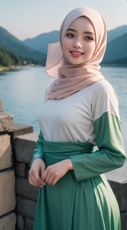 Cute malay girl in hijab wearing bright green wet baju kurung with seducing pose, big smile, laughing, happy, big front teeth, wearing hijab, bright golden color hijab, small breast, flat chest, wide waist, thick thighs bright lighting, big round ass, cute...