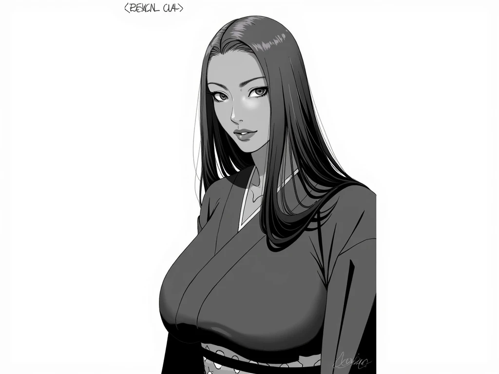 anime, kimono black, mature female, big hugr large boobs, large neckline, Asian,  Long black hair, colorful, anime