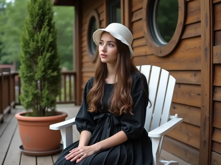 

a young woman, dressed in a black dress and a white bonnet, is seated on a white lawn chair on a wooden deck. The womans hair is long and cascades down her shoulders. She is adorned with a black ribbon tied around her waist, adding a touch of color to he...