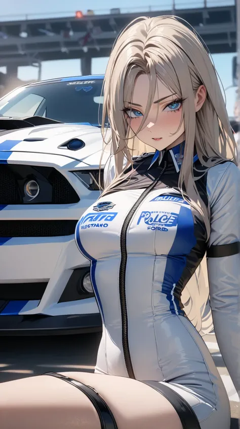 masterpiece , modern, Verism, masterpiece, super detail, best quality, 4K ,((Adult face)), woman,Wearing a white coat,Mature woman アメスク Rubia ojos azules 
Cabello azul, Plano americano, Cabello largo, Senos grandes, Ojos azules,race_queen Sexy Ford mustang...