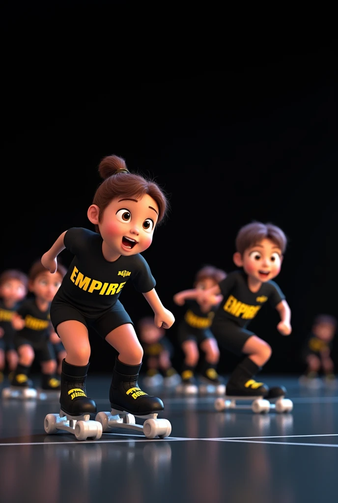 Make a Pixar-type cartoon of ren on the black background of skaters wearing black short-leg skating uniforms with the name “empire” in capital letters and the yellow letter on the chest . who have four-wheeled inline skates  