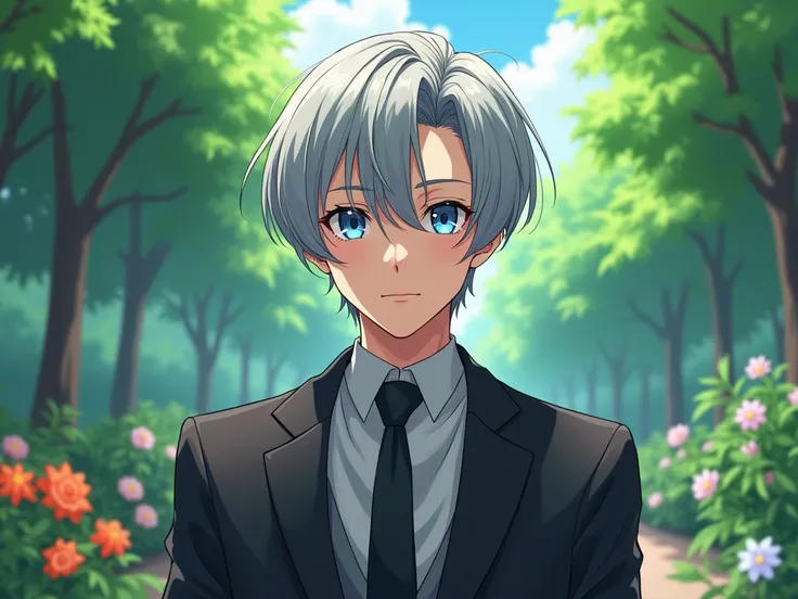 anime, handsome teenage man,  short hair standing gray , bright blue-gray eyes, elegant clothing ,  In a park .