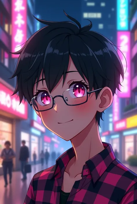 A detailed anime boy with beautiful detailed pink eyes, black hair, smiling, blushing, wearing a pink and black checkered shirt, wearing clear glasses, at the night city, (best quality,8k,highres,masterpiece:1.2),ultra-detailed,(realistic,photorealistic,ph...