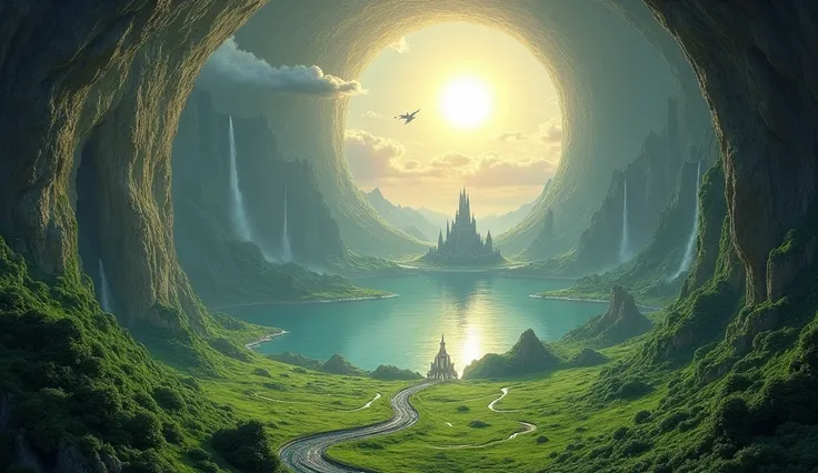 "A spectacular vision of a hollow Earth. In the center of the scene, a vast cavernous space with a bright sun floating in the inner core, illuminating the surface of a lush green landscape. In the background, enormous mountains and falling towards the cent...